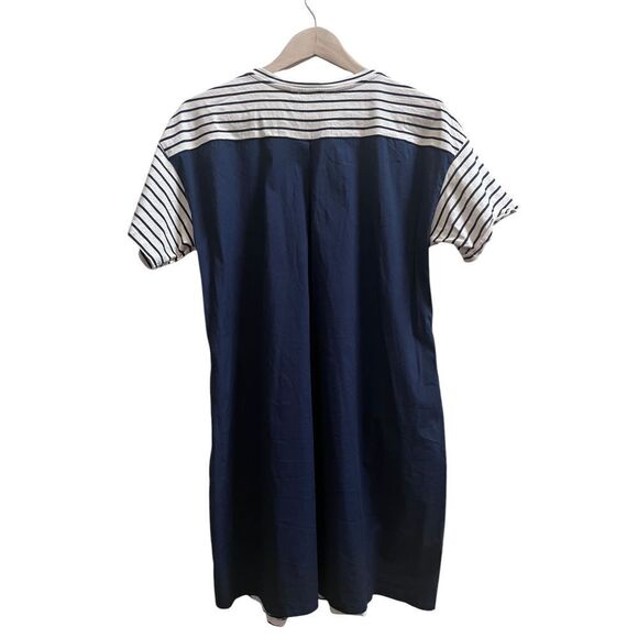 Theory Cream Blue Relaxed Fit Striped Combo Pocket Shift Shirt Dress Size Medium - Picture 5 of 12